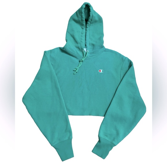 Champion Tops - Champion Reverse Weaved Cropped Hoodie Sweatshirt with Hoodie - Green Size: Med.
